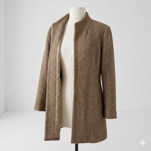 Eileen Fisher Basketweave Tweed Wool Silk Car Coat Jacket Stand Collar Brown S